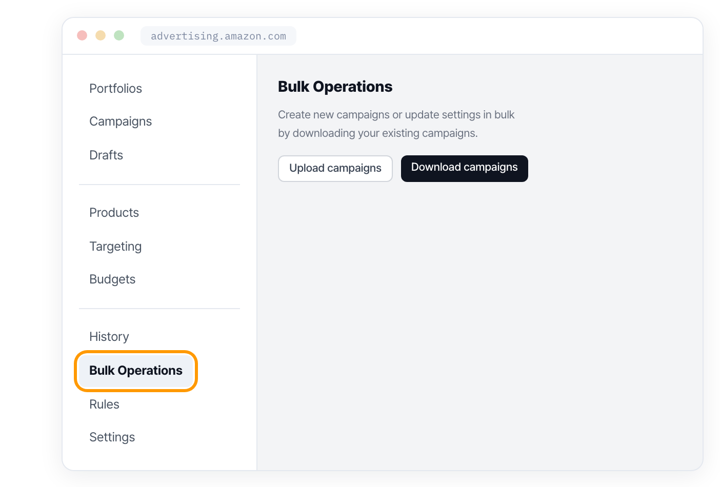 아마존 광고 콘솔의 Bulk Operations 메뉴 위치