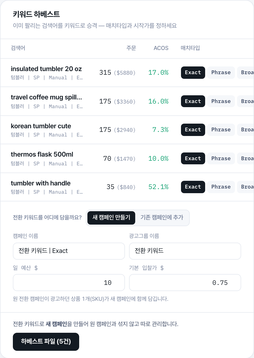 도구에서 뽑은 승격(하베스트) 후보 화면
